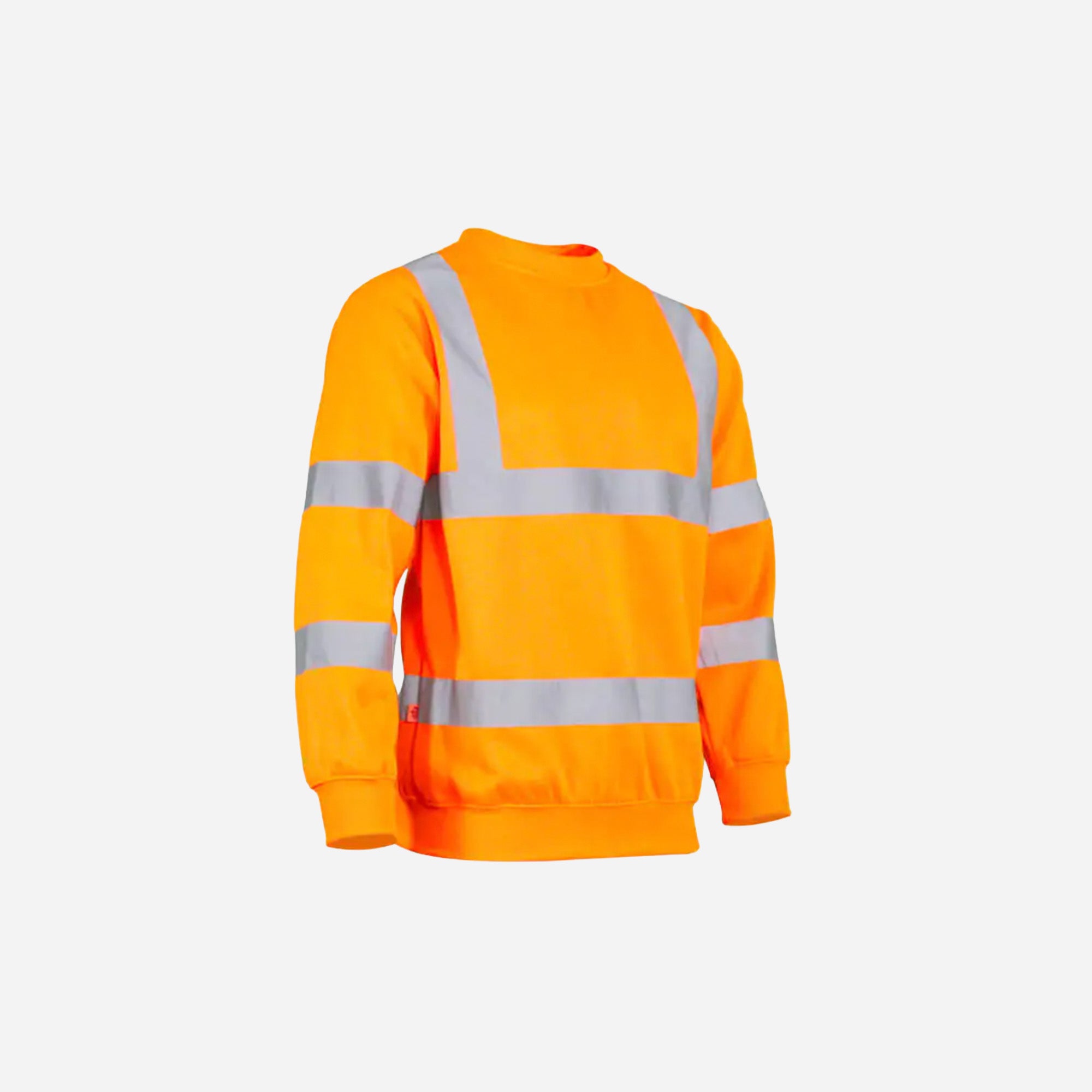 Orange high-visibility sweatshirt with reflective stripes on a white background
