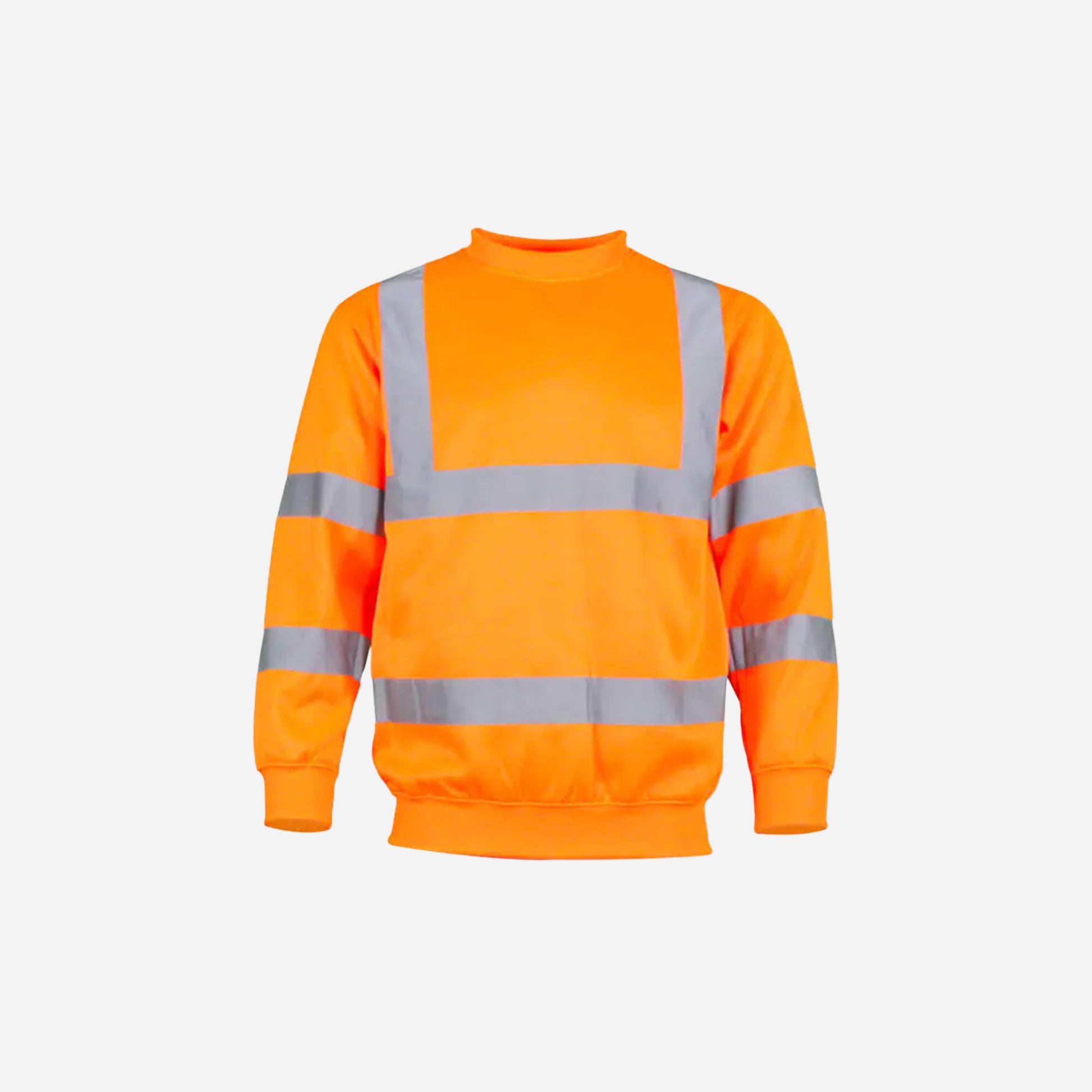 Orange high-visibility sweatshirt with reflective stripes on a white background