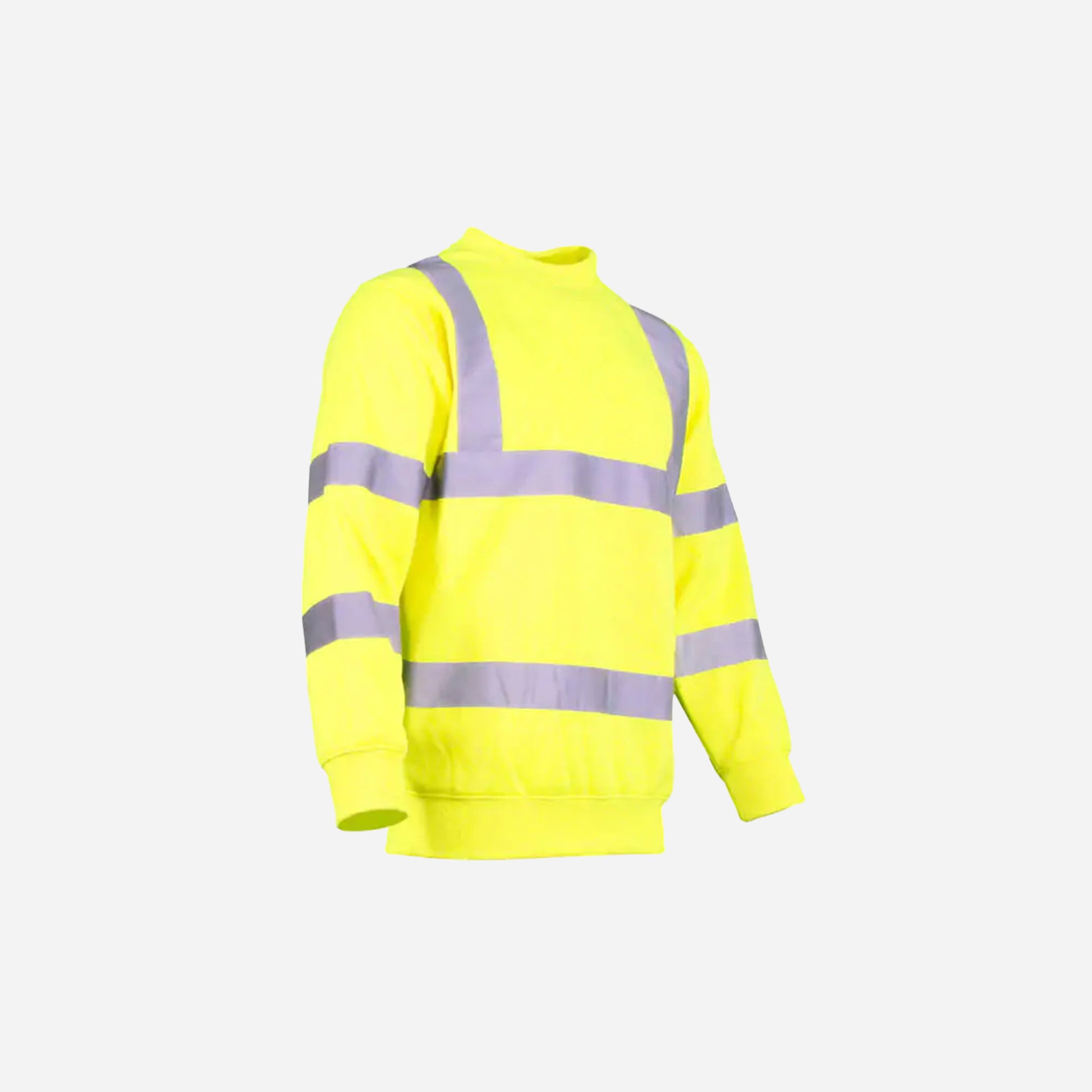 High-visibility yellow sweatshirt with reflective stripes on a white background