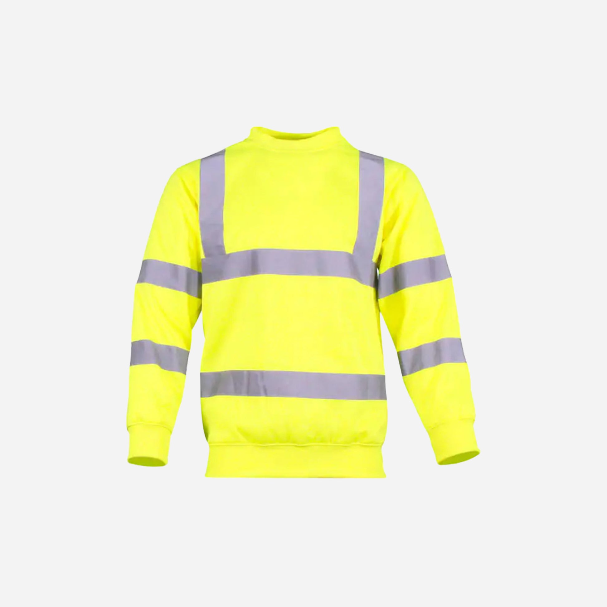 High-visibility yellow sweatshirt with reflective stripes on a white background